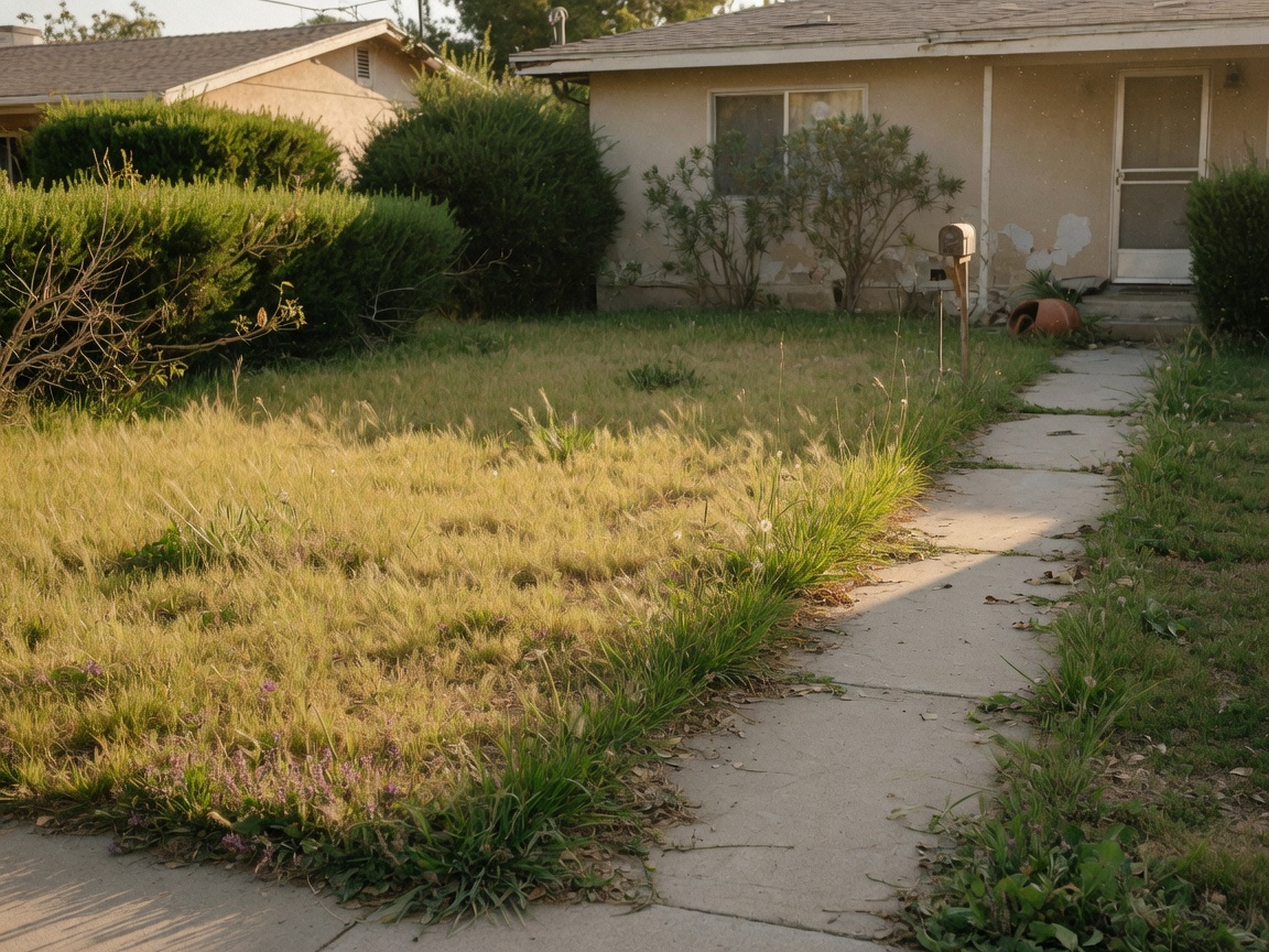 Illustration: overgrown front lawn and weedy walkway before a crew visit