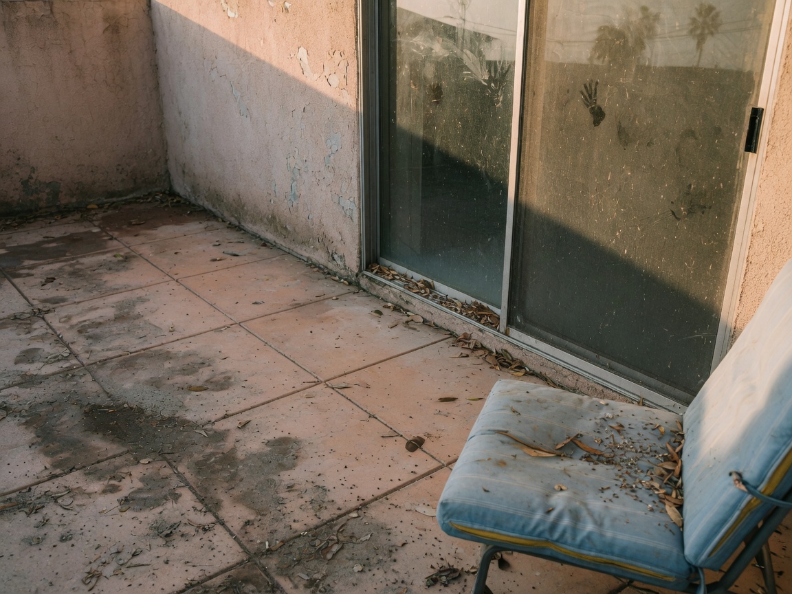 Illustration: stained patio tiles, leaf debris, and dirty glass before a clean